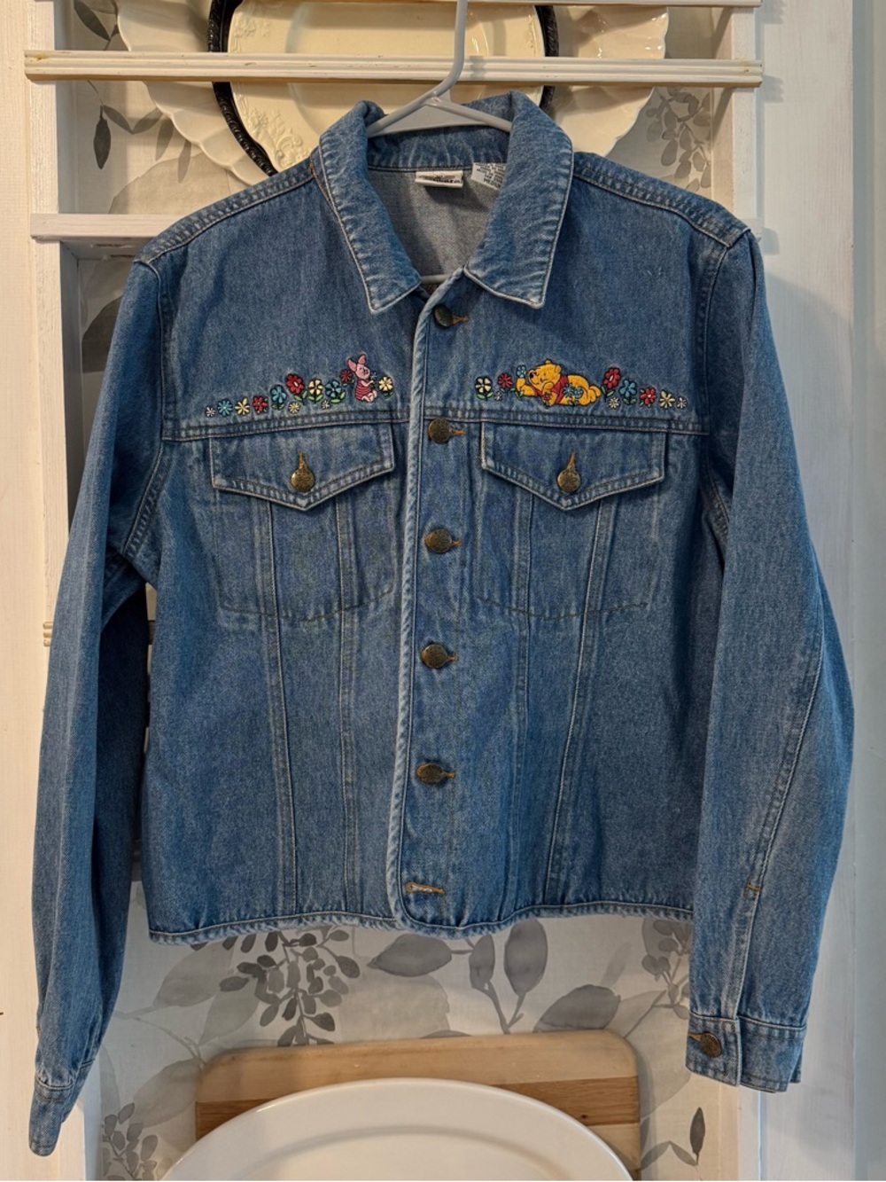 Vintage Disney Winnie the Pooh and Piglet Denim Jacket Medium Floral Embroidered